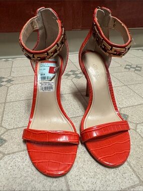 GUESS Women's Orange Croc-Embossed Ankle Strap Heeled Sandals